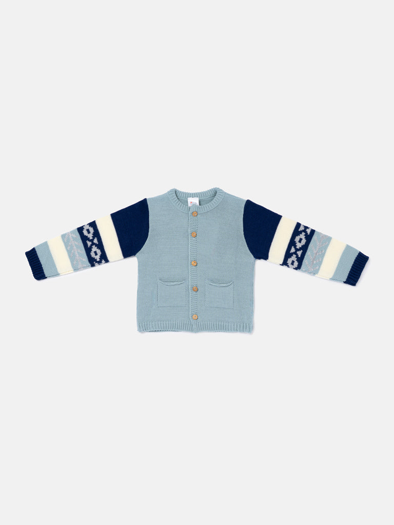 Baby Boy Knitted Cardigan Marco Collection with Geometric Sleeve Detail - Powder Blue