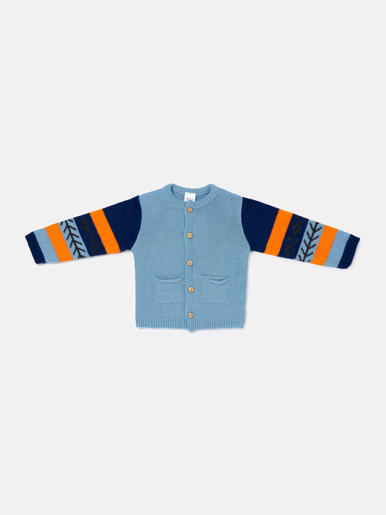 Baby Boy Knitted Cardigan Marco Collection with Geometric Sleeve Detail - Ocean Blue