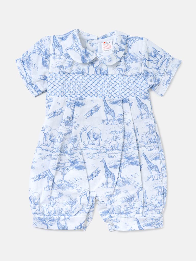 Baby Smocked Summer Romper Safari Collection - Baby Blue