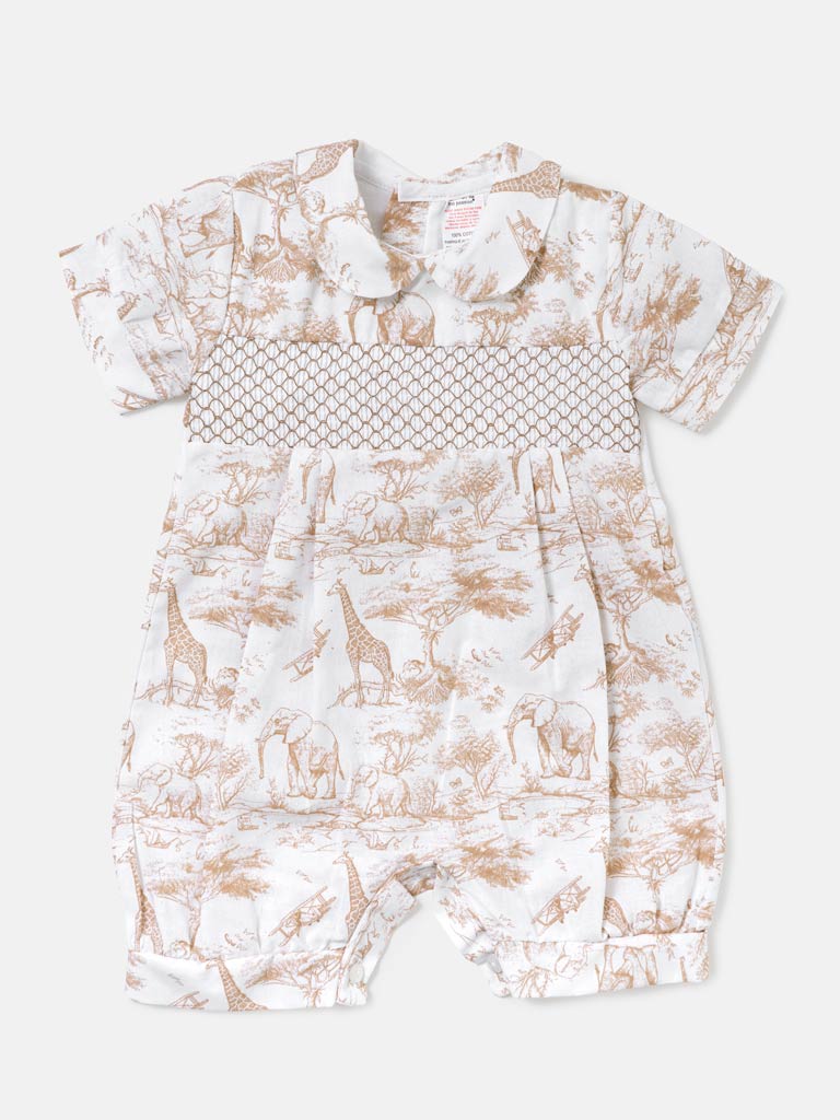 Baby Smocked Summer Romper Safari Collection - Beige
