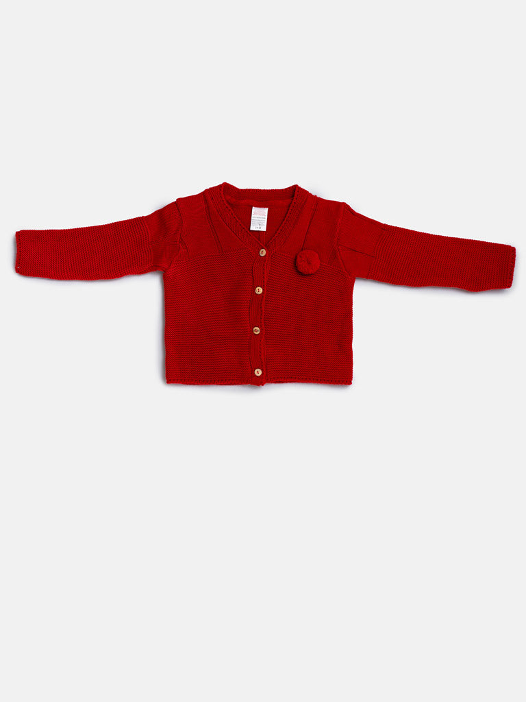 Baby Boy Button-Down Knitted Cardigan with Pom-Pom - Red