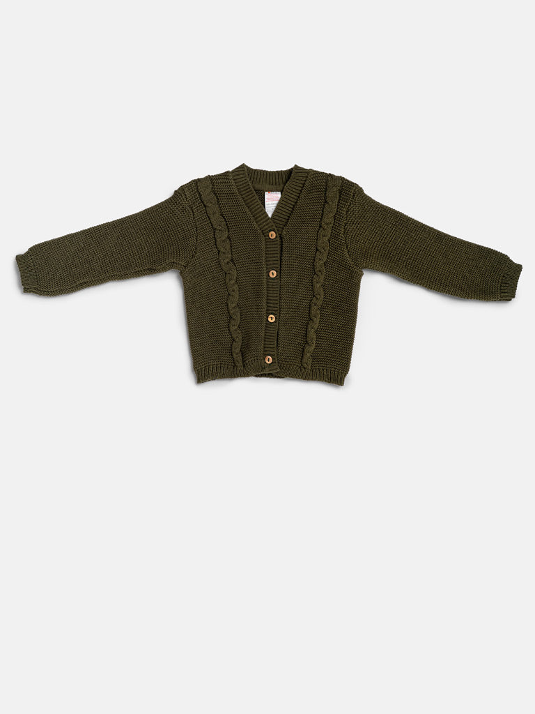 Baby Boy Cable Knit Cardigan - Olive Green