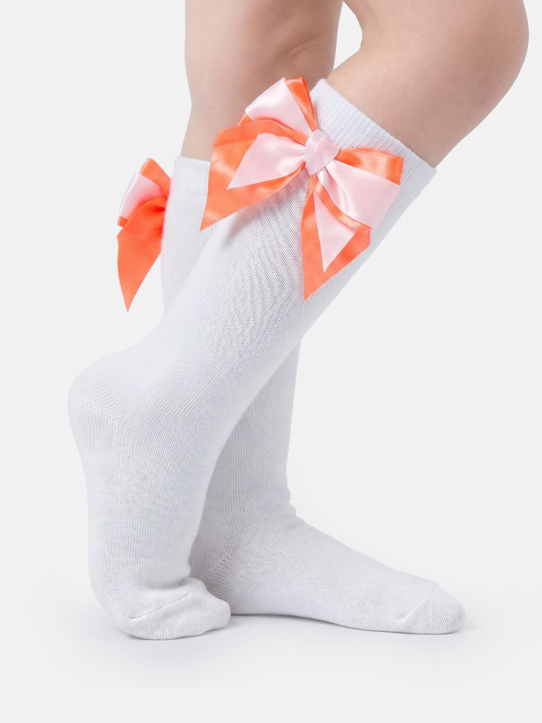 Baby Girl Knee Socks with Satin Double Bow - White & Orange