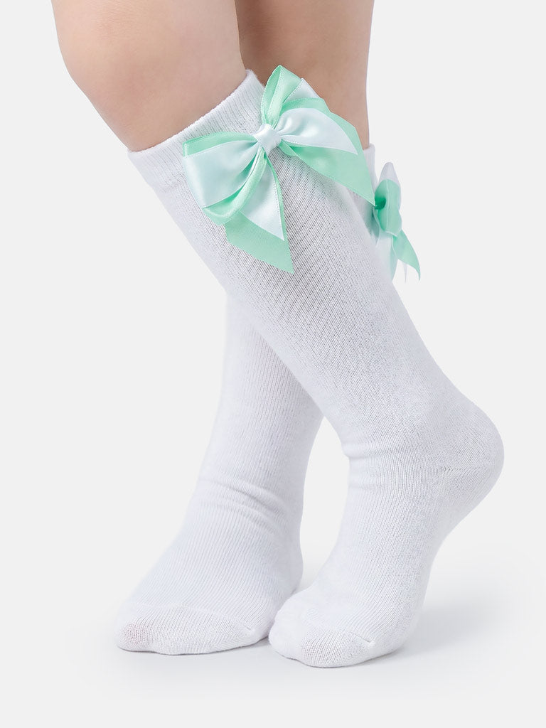Baby Girl Knee Socks with Satin Double Bow - White & Mint Green