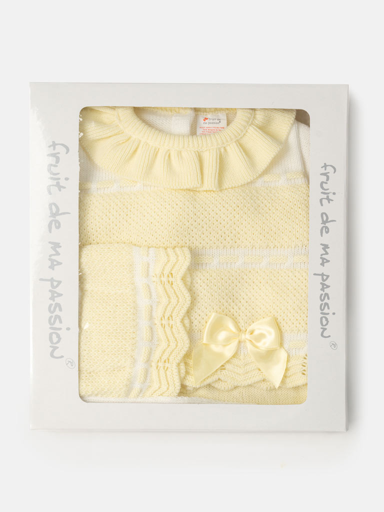 Baby Girl Frilly collar Knitted 3-piece Gift Box Set - Lemon Yellow