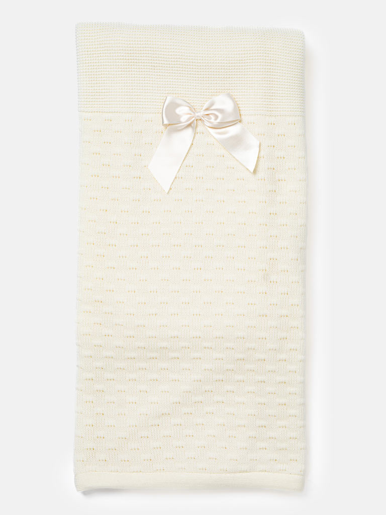 Baby Waffle Knitted Blanket with Satin Bow - Cream/Ivory