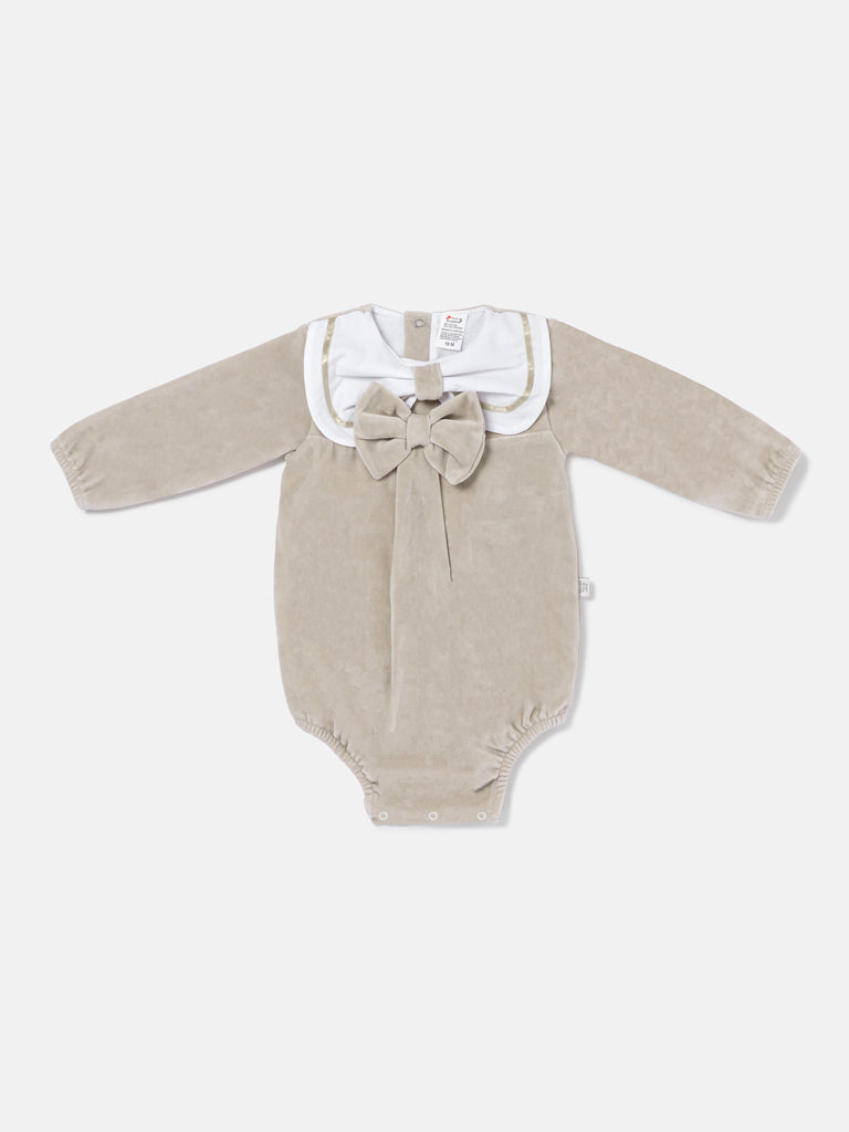 Baby Girl Rosamaria Collection Velour Romper with White Collar - Beige