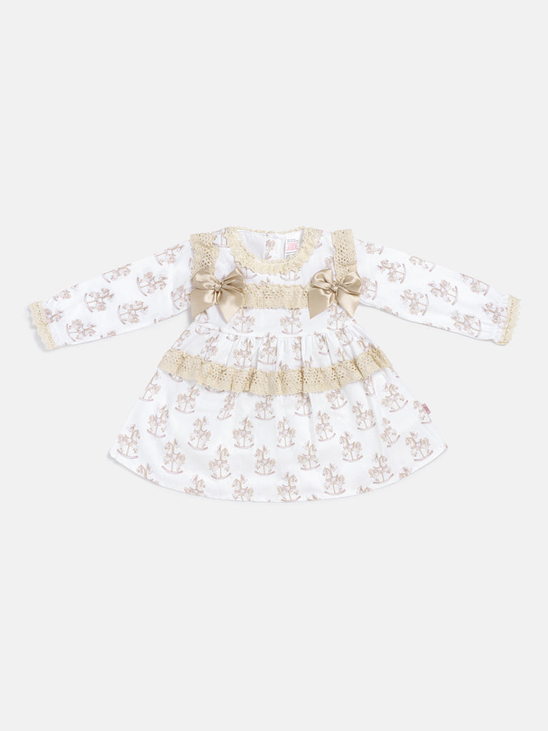 Baby Girl Dress with Bows & Lace - Rocking Horse Collection - Beige