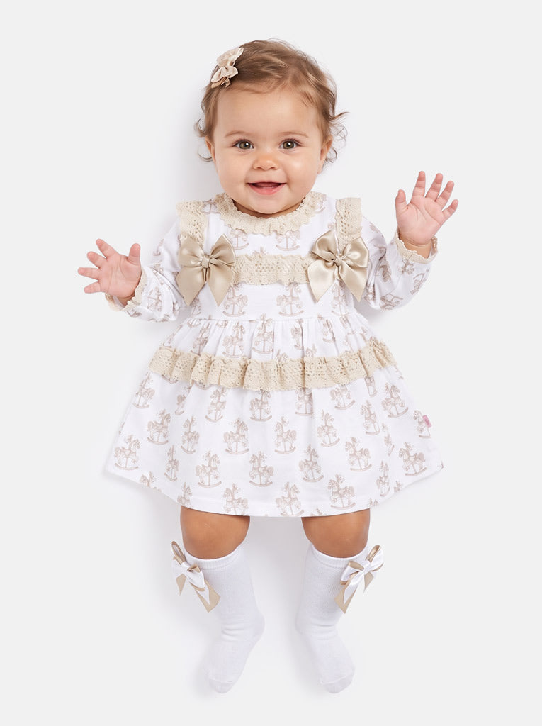Baby Girl Dress with Bows & Lace - Rocking Horse Collection - Beige