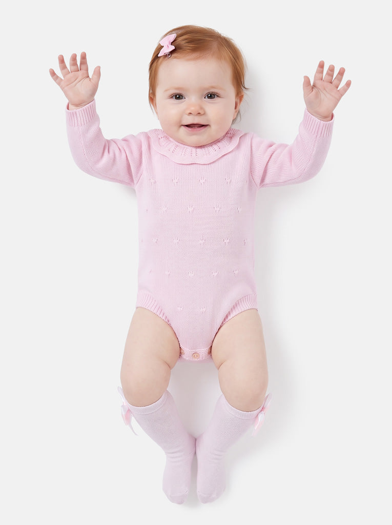 Baby Girl Luma Collection Spanish Knitted Frill Collar Romper - Baby Pink