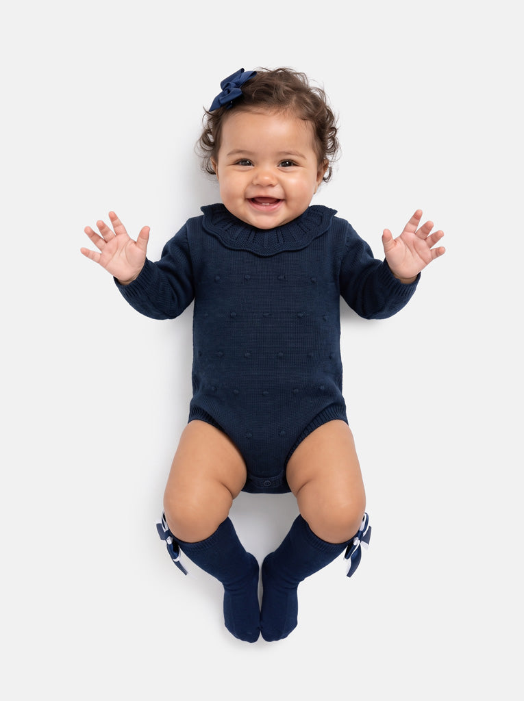 Baby Girl Luma Collection Spanish Knitted Frill Collar Romper - Navy Blue