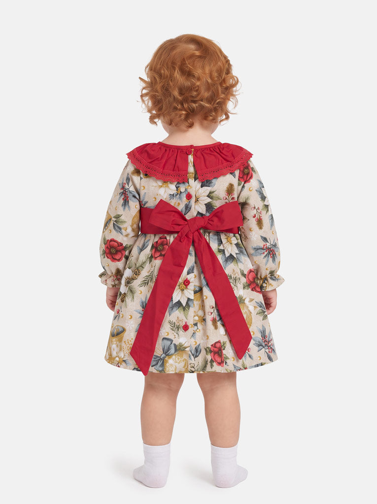 Baby Girl Navidad Collection Dress with Festive Print - Red & Dusty Blue
