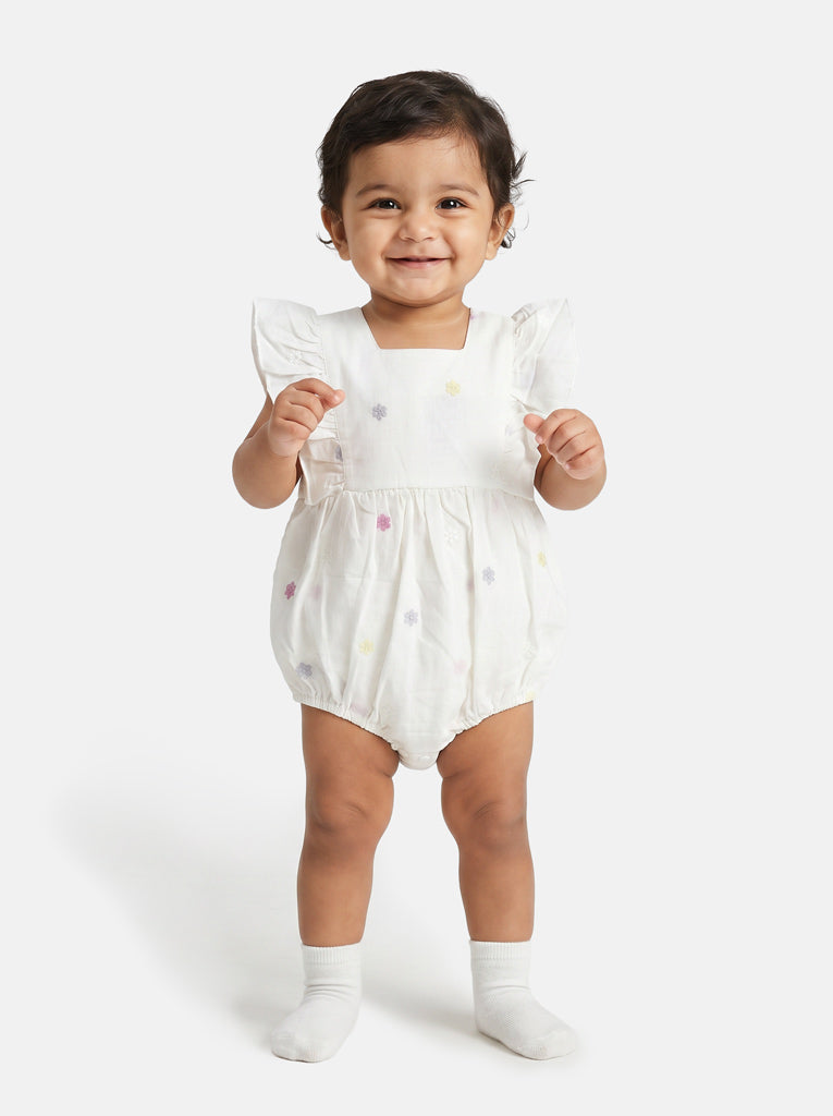 Baby Girl Embroidered Floral Summer Romper - White