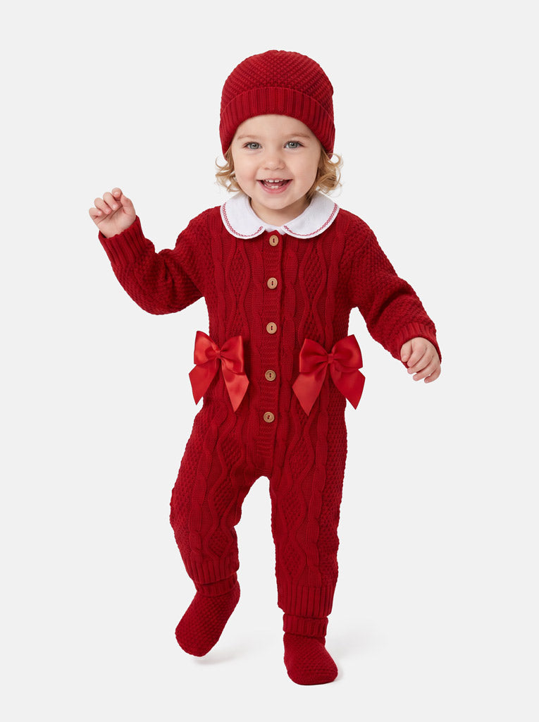 Baby Girl Gabriela Collection All-In-One Knitted 3-Piece Set + Bows - Red