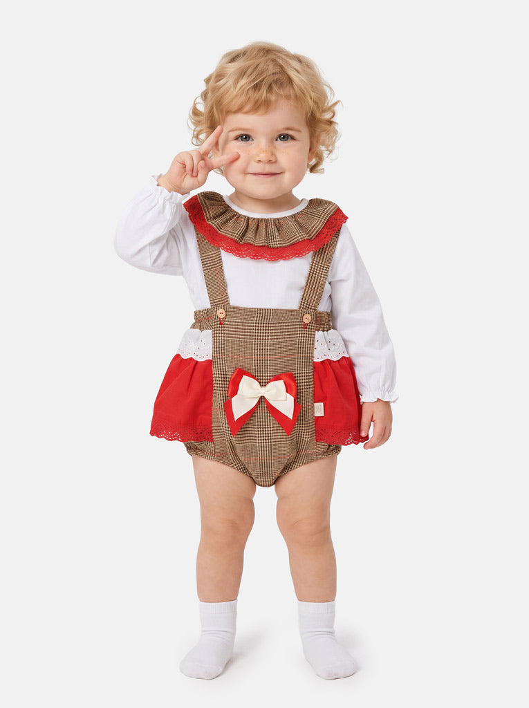 Baby Girl Winter Wonderland Collection Tartan Romper with Frills, Lace and Bows - Beige and Red collar