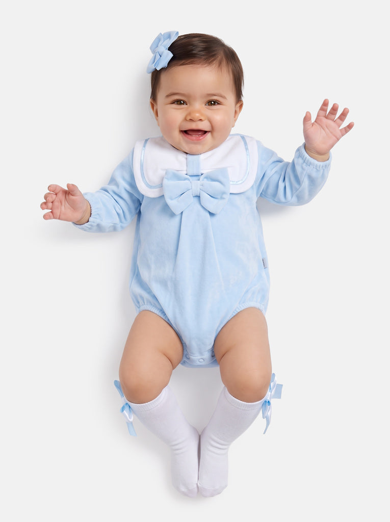 Baby Girl Rosamaria Collection Velour Romper with White Collar - Baby Blue