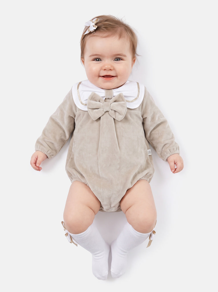 Baby Girl Rosamaria Collection Velour Romper with White Collar - Beige