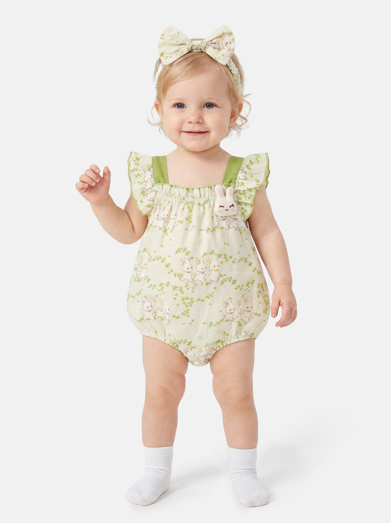 Baby Girl Bunny Print Romper and Headband 2-Piece Summer Set - Lime Green