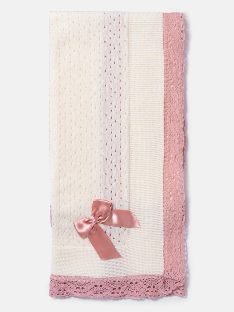 Baby Open Dot Knitted Spanish Blanket with Bow - Ivory & Dusty Pink