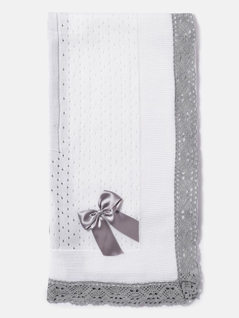 Baby Open Dot Knitted Spanish Blanket with Bow - White & Grey