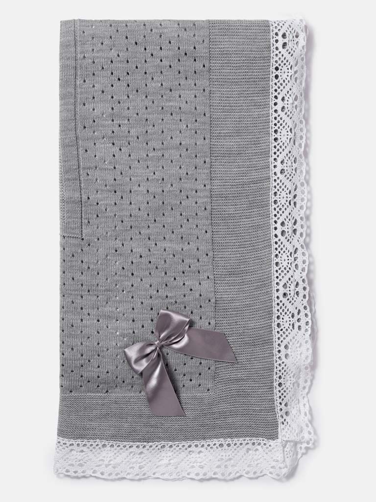 Baby Open Dot Knitted Spanish Blanket with Bow - Grey