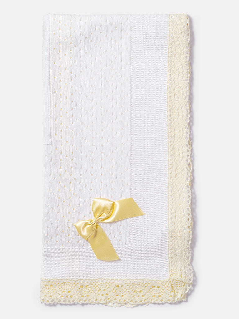 Baby Open Dot Knitted Spanish Blanket with Bow - White & Yellow Lace