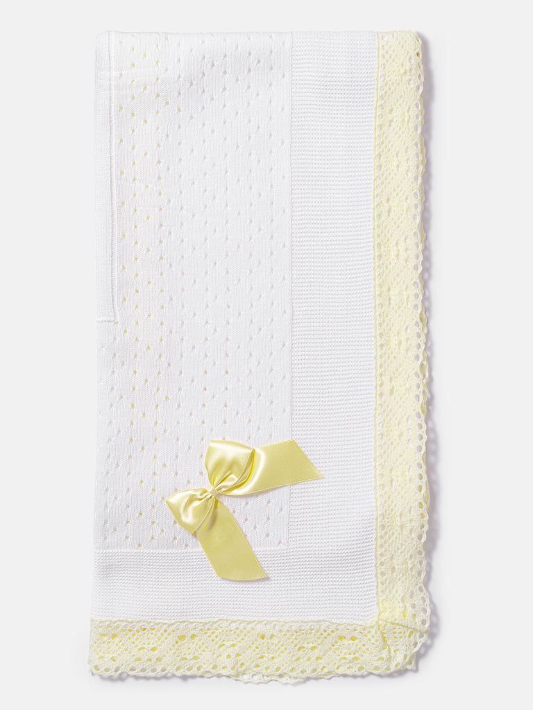 Baby Open Dot Knitted Spanish Blanket with Bow - White & Yellow Lace