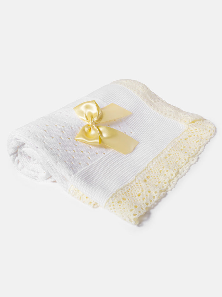 Baby Open Dot Knitted Spanish Blanket with Bow - White & Yellow Lace