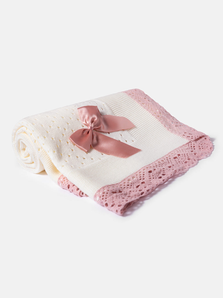 Baby Open Dot Knitted Spanish Blanket with Bow - Ivory & Dusty Pink