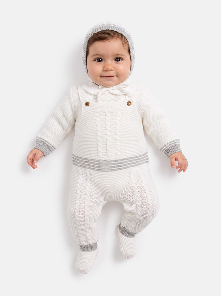 Baby Unisex 3-piece Top, Dungaree & Bonnet Cable Knitted Gift Box Set - White & Grey