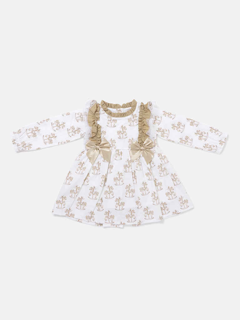 Baby Girl Long Sleeve Dress - Rocking Horse Collection - Beige