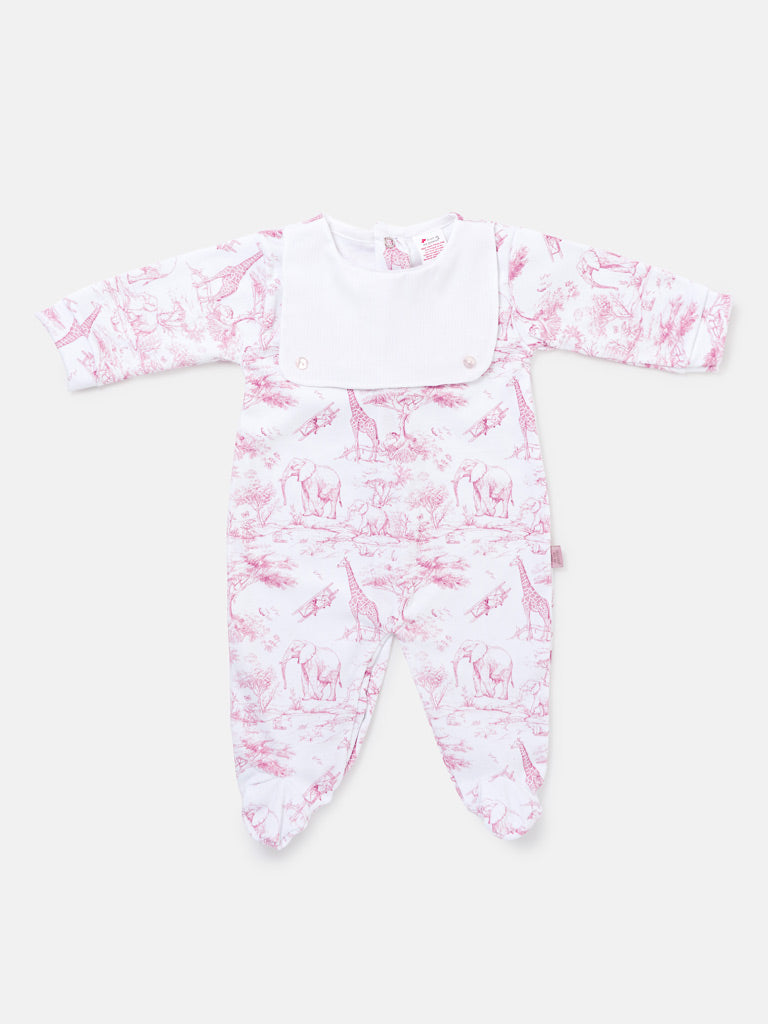 Baby Grow with Attached Bib - Safari Collection - Baby Pink