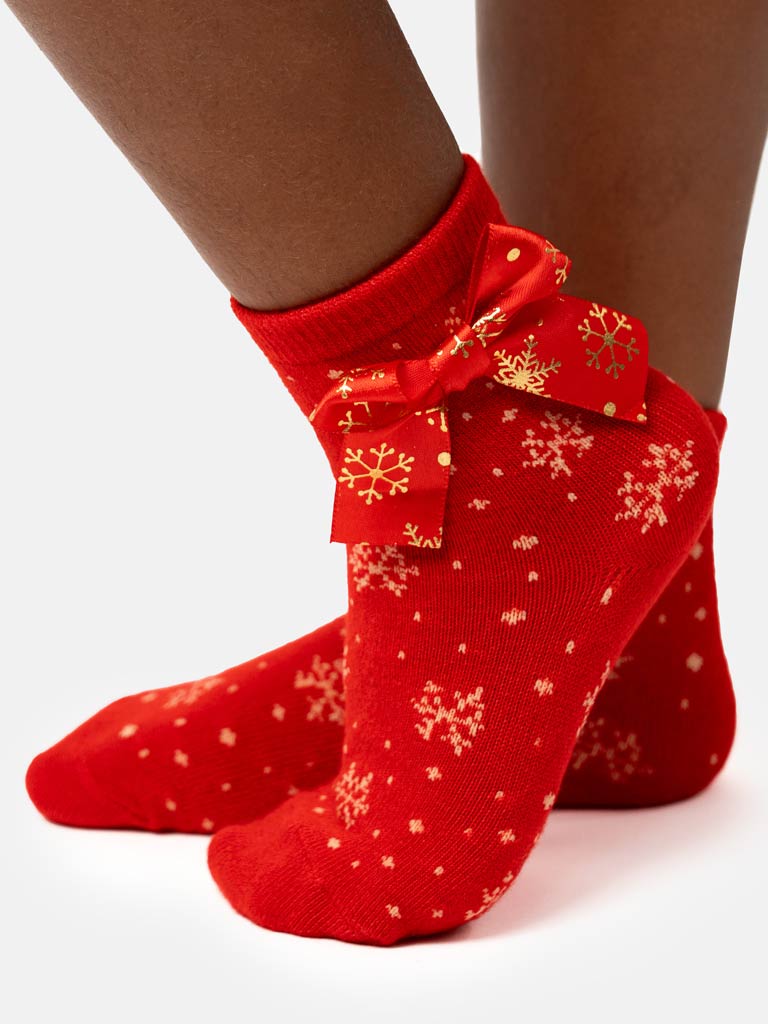 Baby Girl Christmas Snowflake Sparkle Ankle Socks - Red