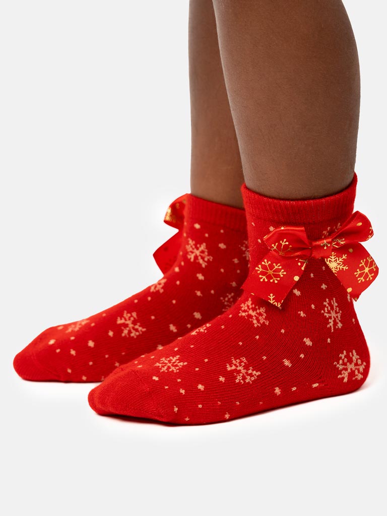 Baby Girl Christmas Snowflake Sparkle Ankle Socks - Red