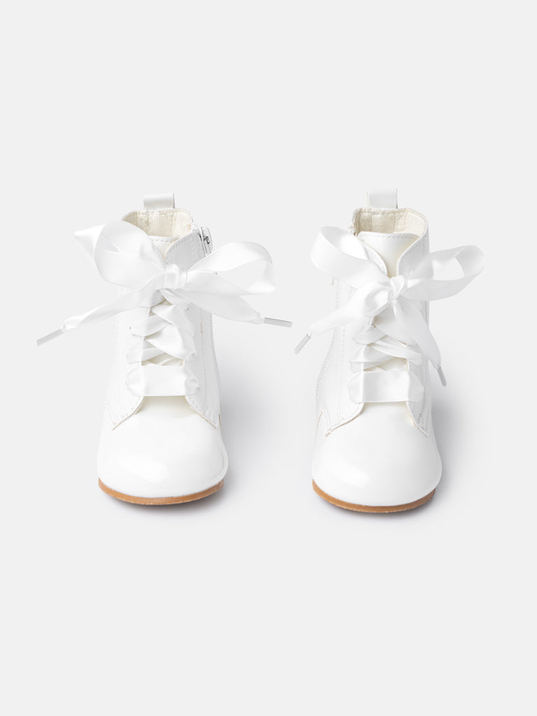 Baby Girl M&B Classic Patent Boots with Satin Laces - White/Ivory