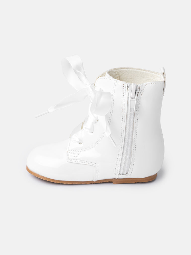 Baby Girl M&B Classic Patent Boots with Satin Laces - White/Ivory
