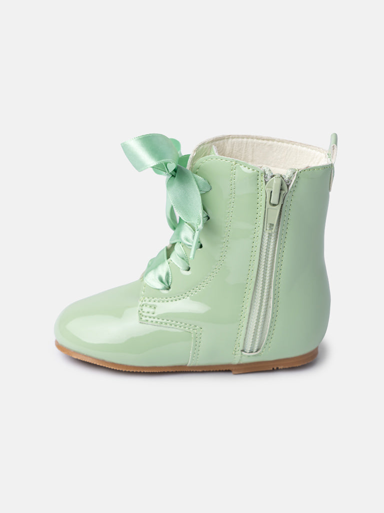 Baby Girl M&B Classic Patent Boots with Satin Laces - Mint Green