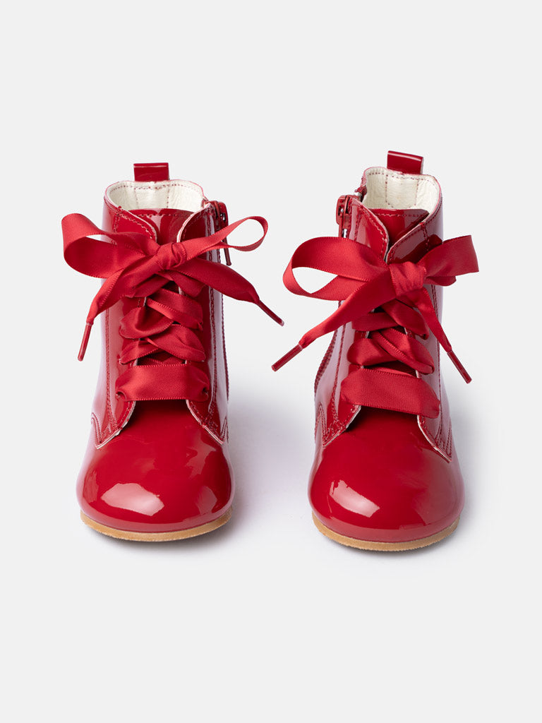 Baby Girl M&B Classic Patent Boots with Satin Laces - Red