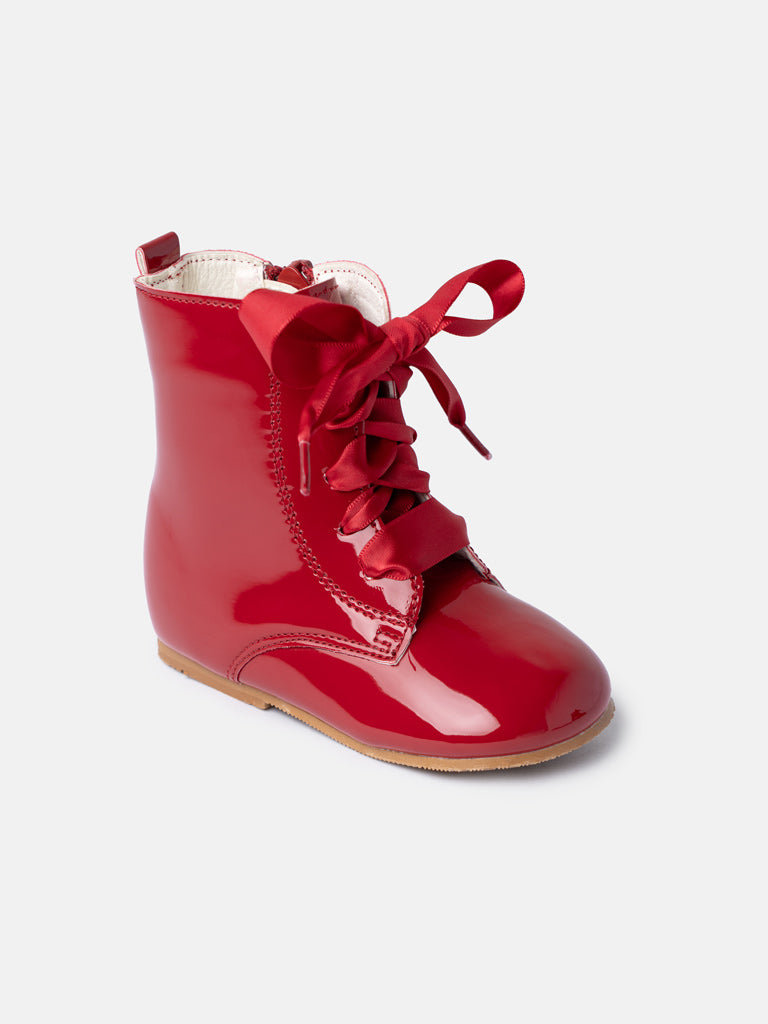 Baby Girl M&B Classic Patent Boots with Satin Laces - Red
