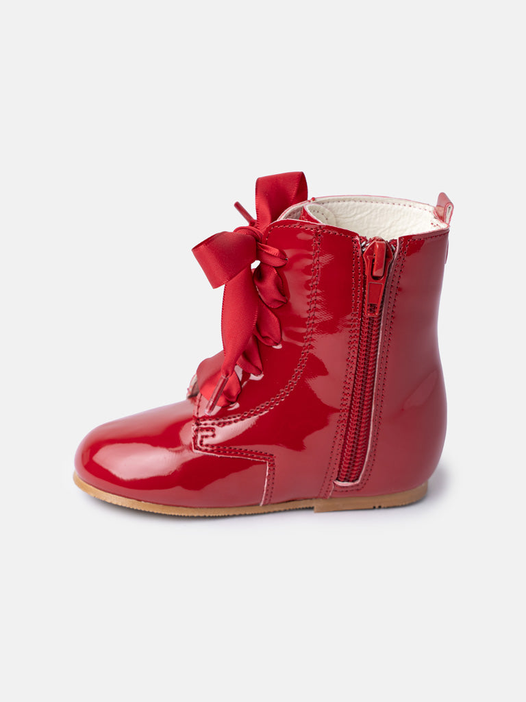 Baby Girl M&B Classic Patent Boots with Satin Laces - Red
