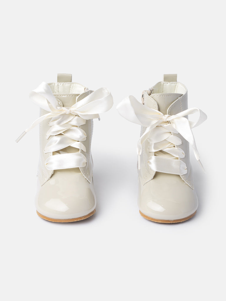 Baby Girl M&B Classic Patent Boots with Satin Laces - Biscuit