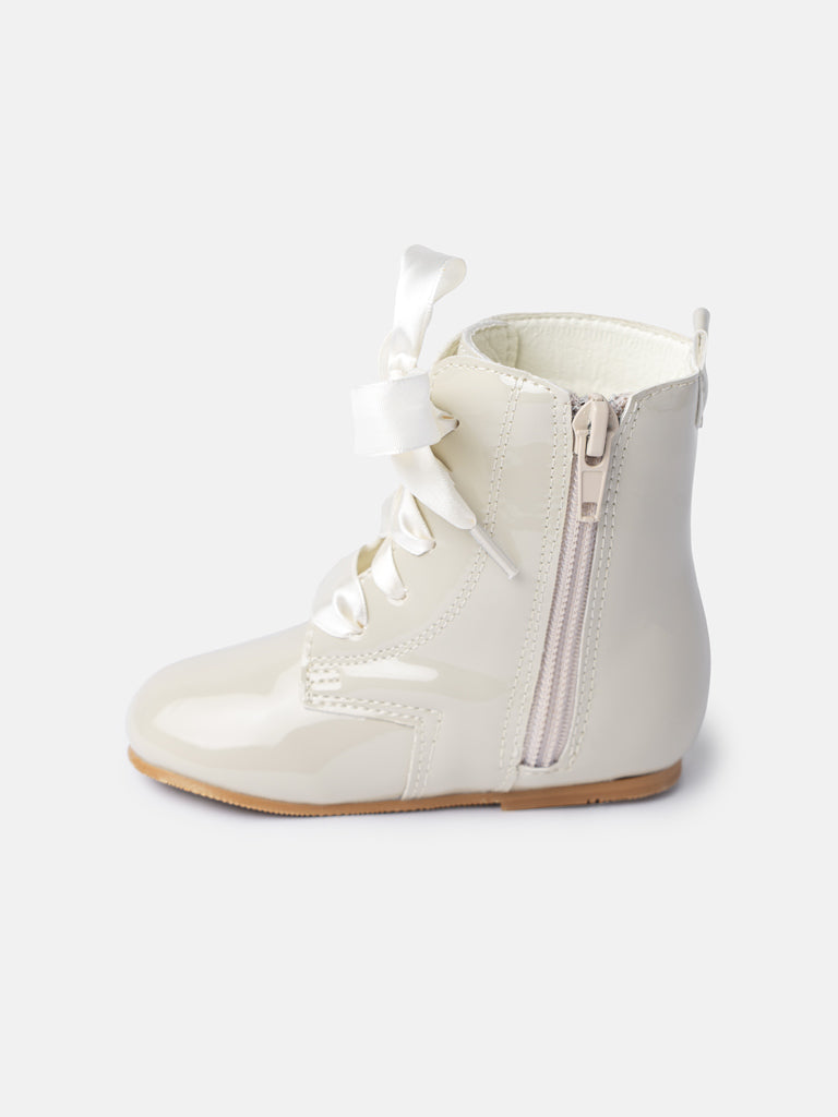 Baby Girl M&B Classic Patent Boots with Satin Laces - Biscuit