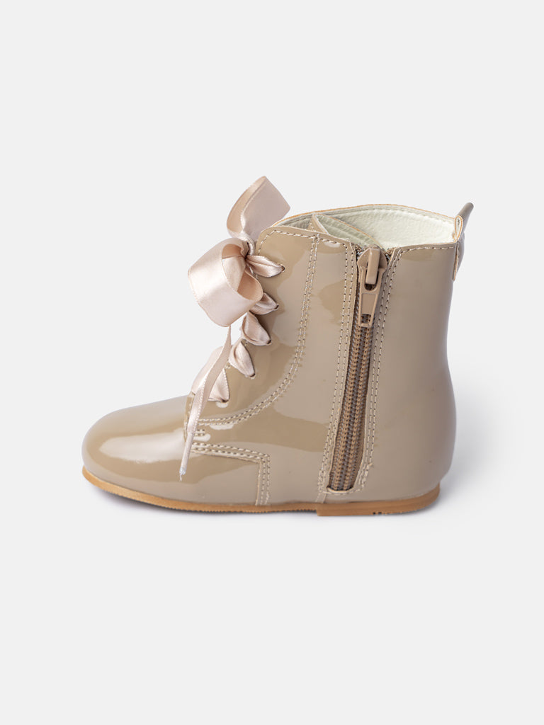 Baby Girl M&B Classic Patent Boots with Satin Laces - Camel