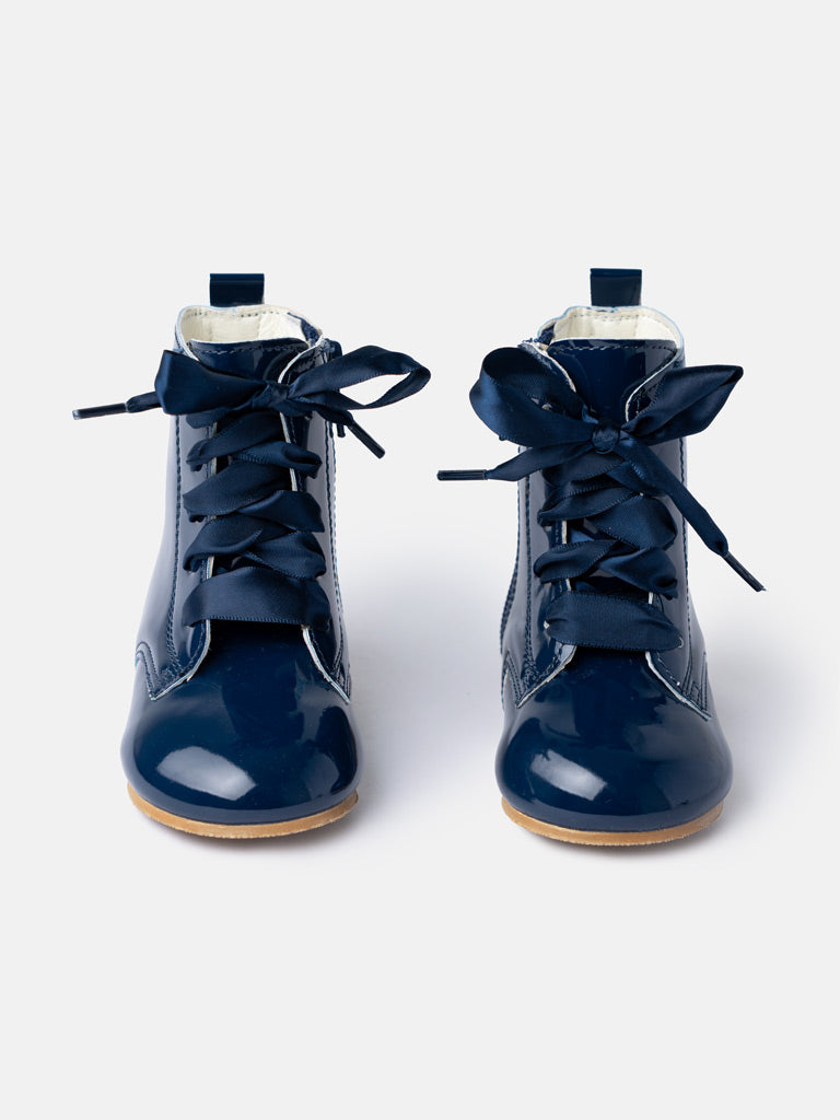 Baby Girl M&B Classic Patent Boots with Satin Laces - Navy Blue
