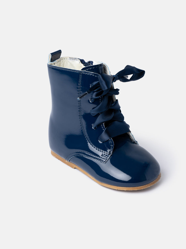 Baby Girl M&B Classic Patent Boots with Satin Laces - Navy Blue