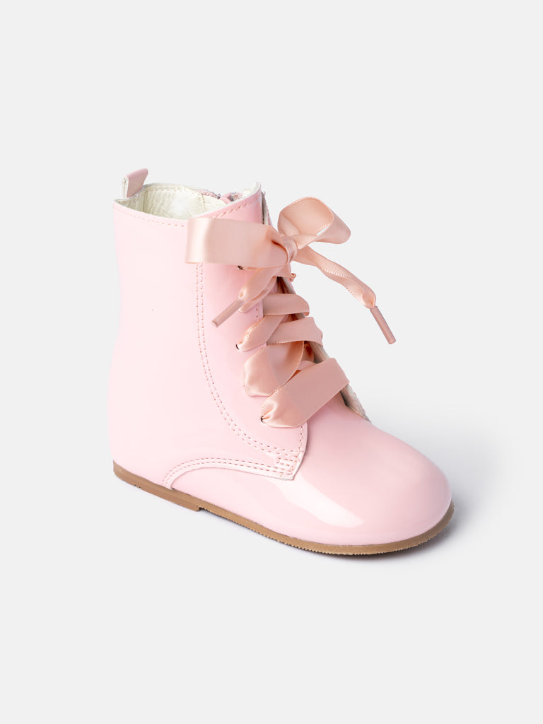 Baby Girl M&B Classic Patent Boots with Satin Laces - Pink