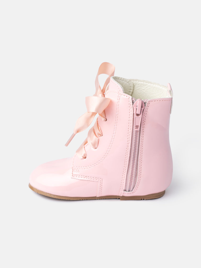 Baby Girl M&B Classic Patent Boots with Satin Laces - Pink