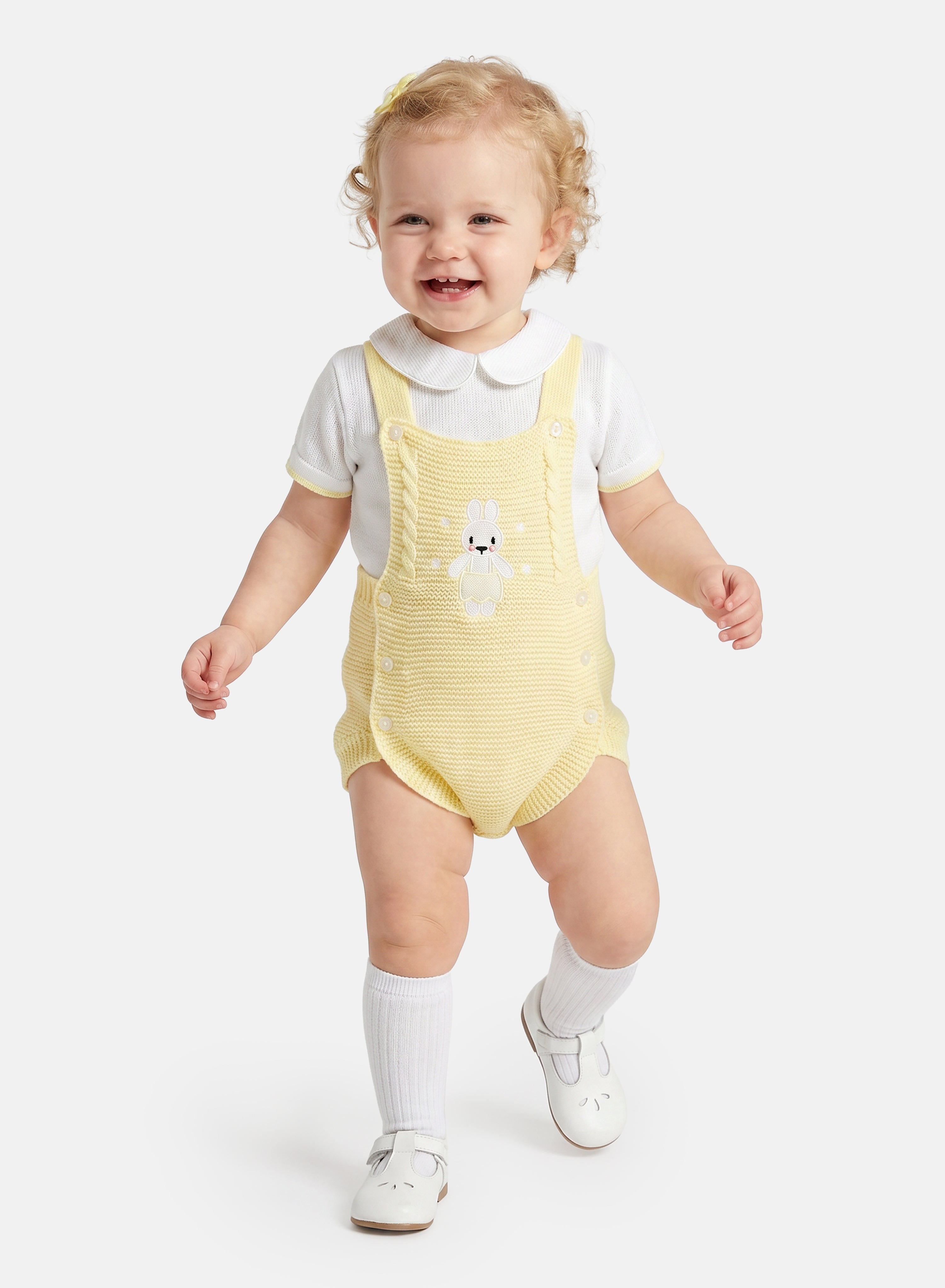 Baby 2-piece Knitted Romper Set With Bunny - Lemon Yellow & White