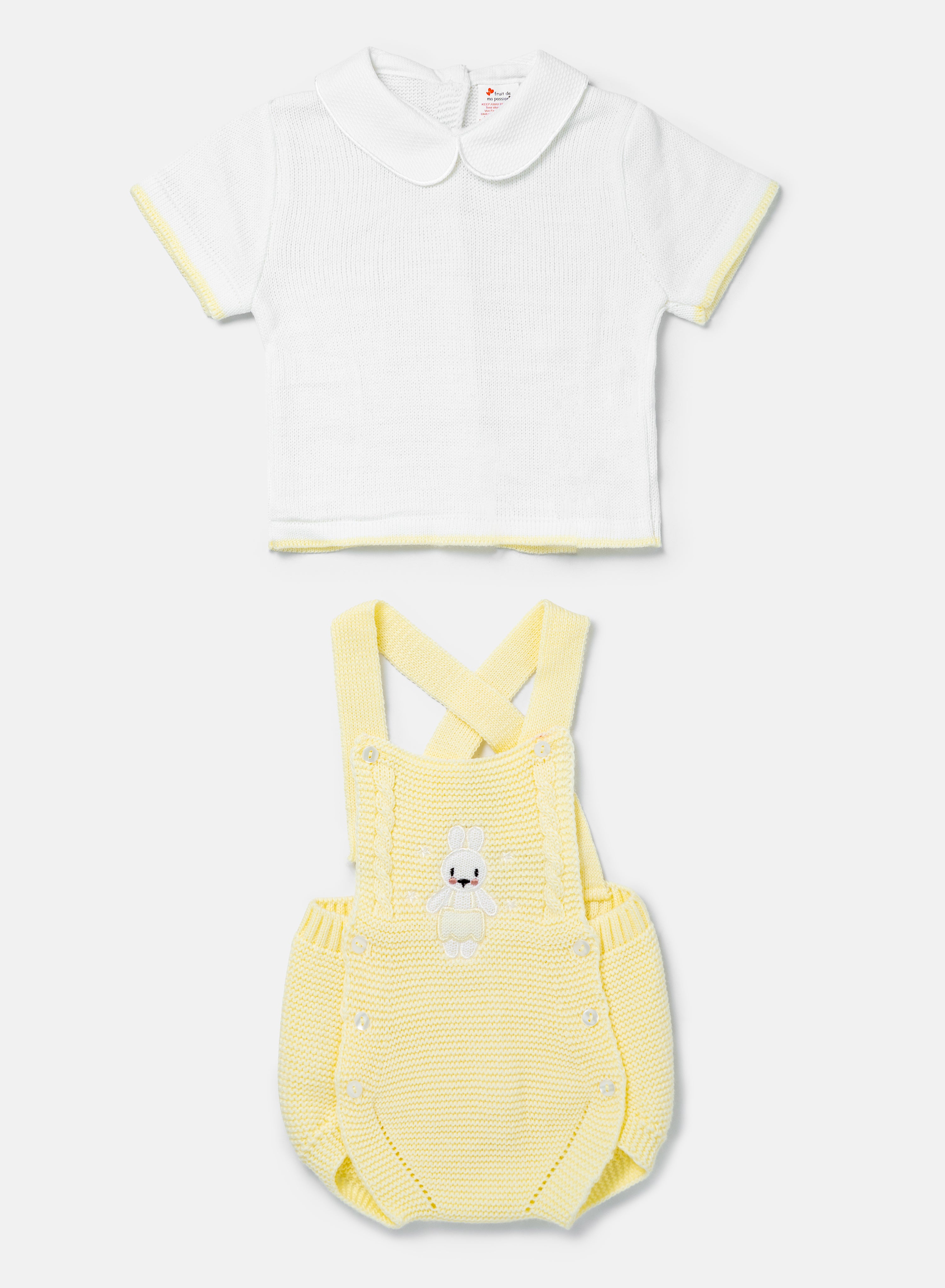 Baby 2-piece Knitted Romper Set With Bunny - Lemon Yellow & White