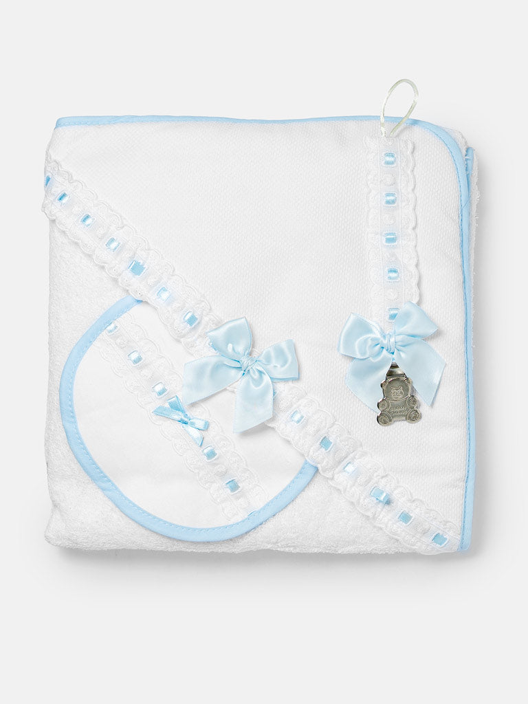 Baby 3-piece Bath Set - Hooded Towel, Bib & Dummy Clip - Baby Blue